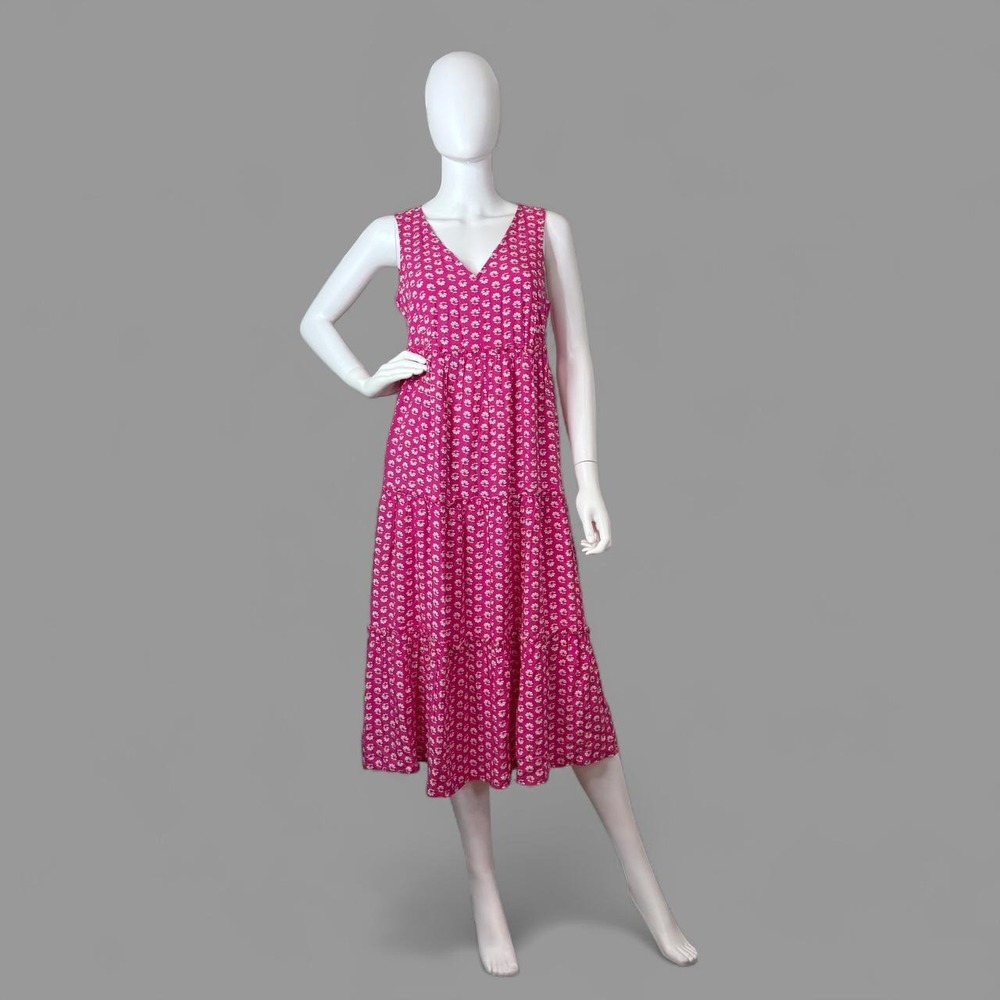J.Crew Pink Ditsy Floral Tiered Midi Dress Size 4 V Neck Cottagecore Boho